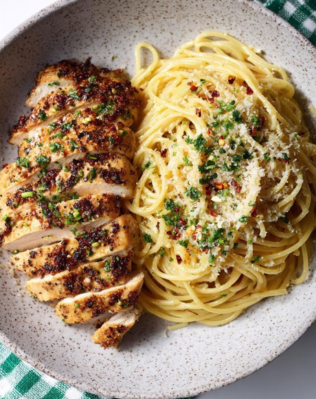 The Ultimate Garlic Butter Aglio e Olio with Crispy Herb-Crusted Chicken