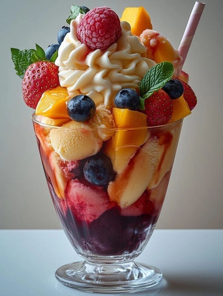 Mixed Berry Mango Ice Cream Sundae