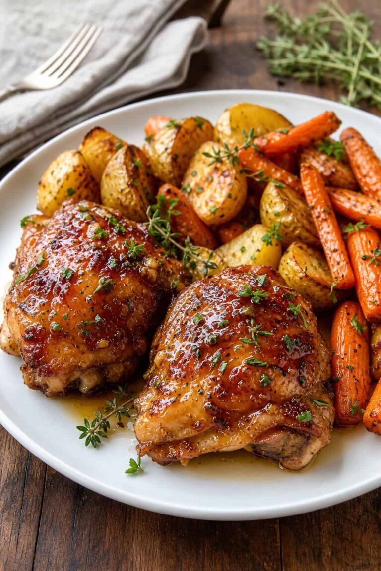 Honey Garlic Roasted Chicken Thighs with Baby Potatoes and Glazed Carrots