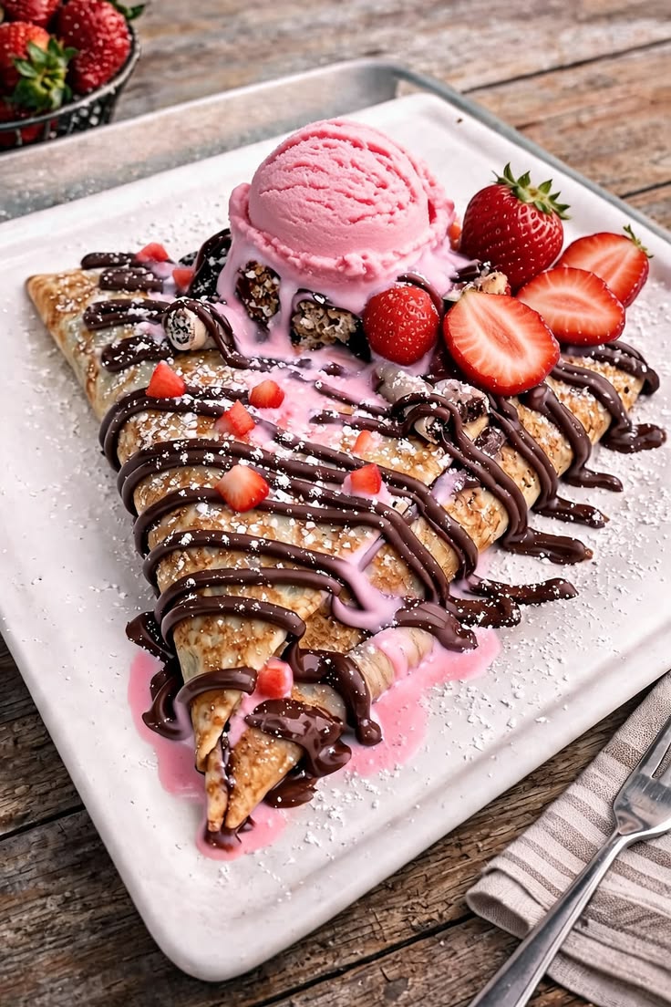 Chocolate Strawberry Crepes with Strawberry Ice Cream